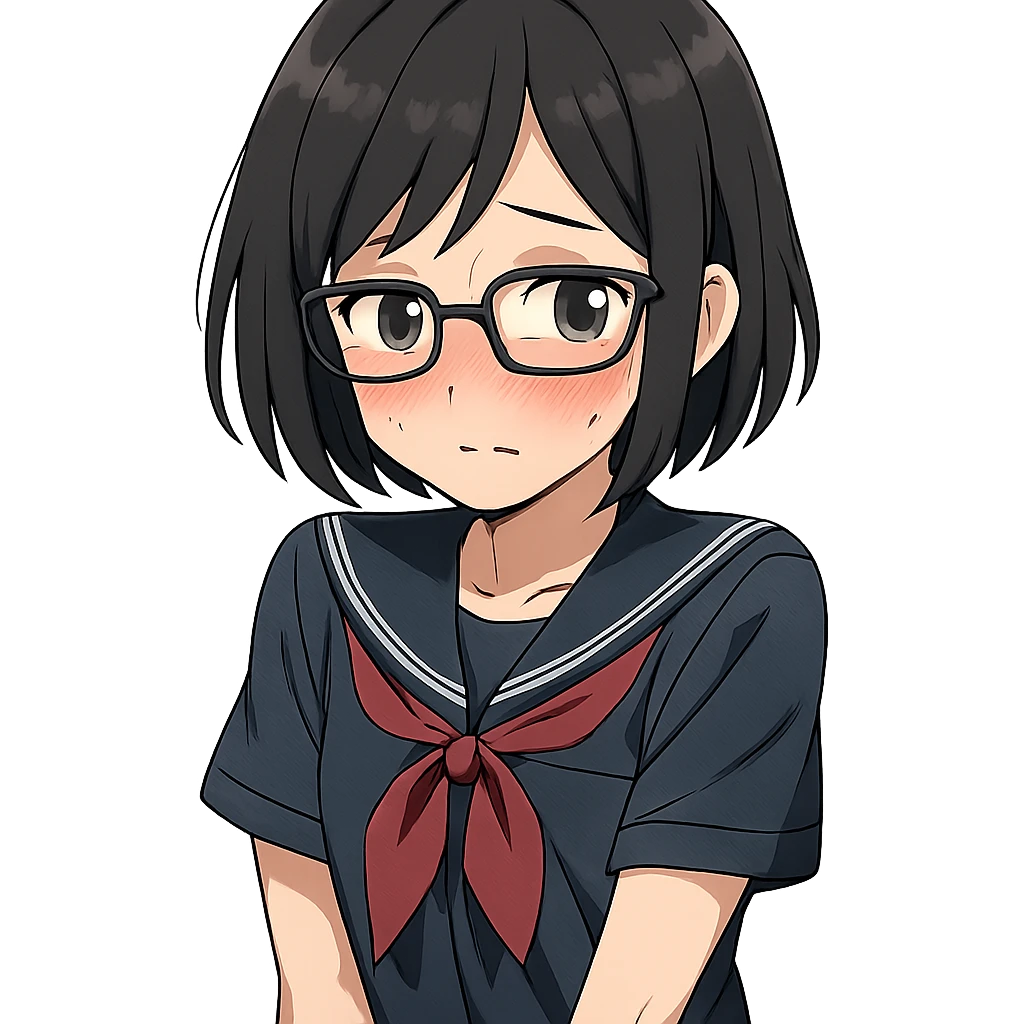 anime girl with short black hair, glasses, shy emoji