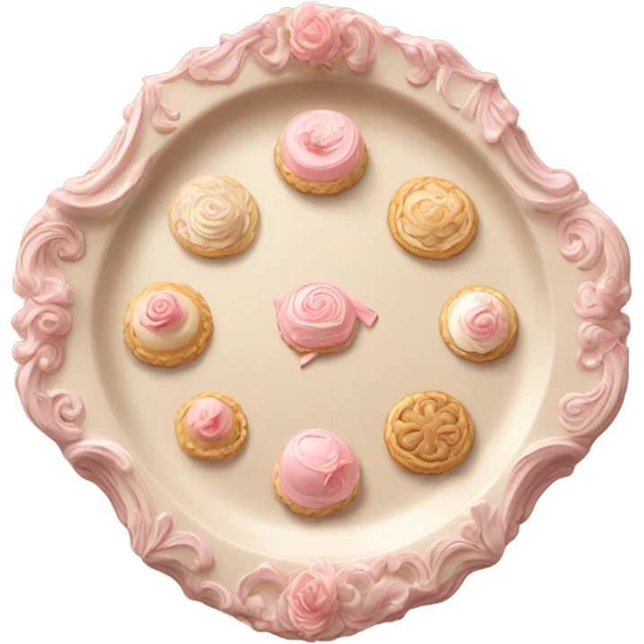 Realistic, detailed rococo pastry platter, beige and pink emoji