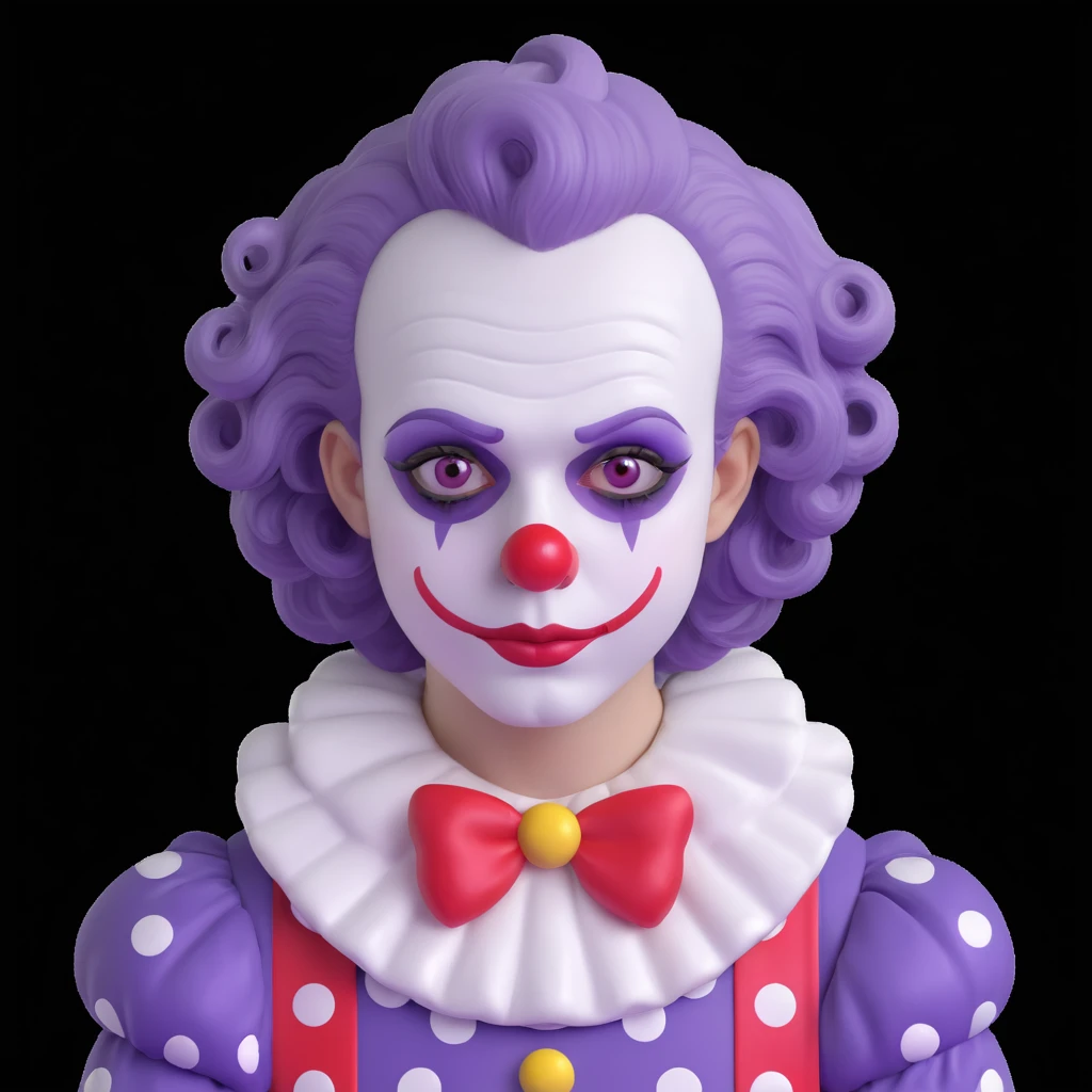 ID photo style cartoon of a sad clown, white face paint, red nose, classic makeup, multiple tears, short curly pastel purple hair, polka-dotted costume in soft tones, glossy highlights, centered, white background emoji