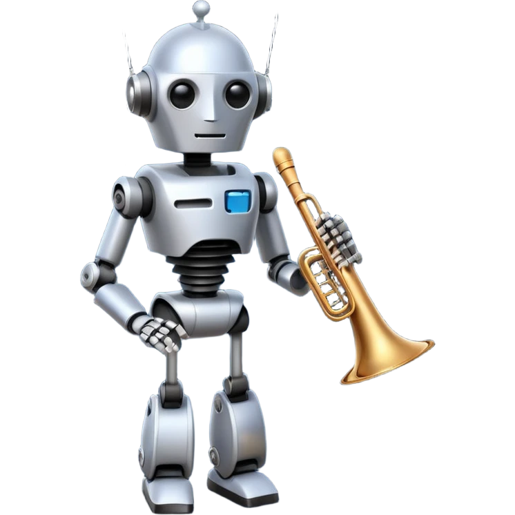 robot a sophisticated and elegant emoji that represents orchestration and arrangement. The design should feature a conductor’s baton, musical notes, and a symphonic score, symbolizing the process of arranging and orchestrating music. Incorporate instruments like a violin, trumpet, emoji