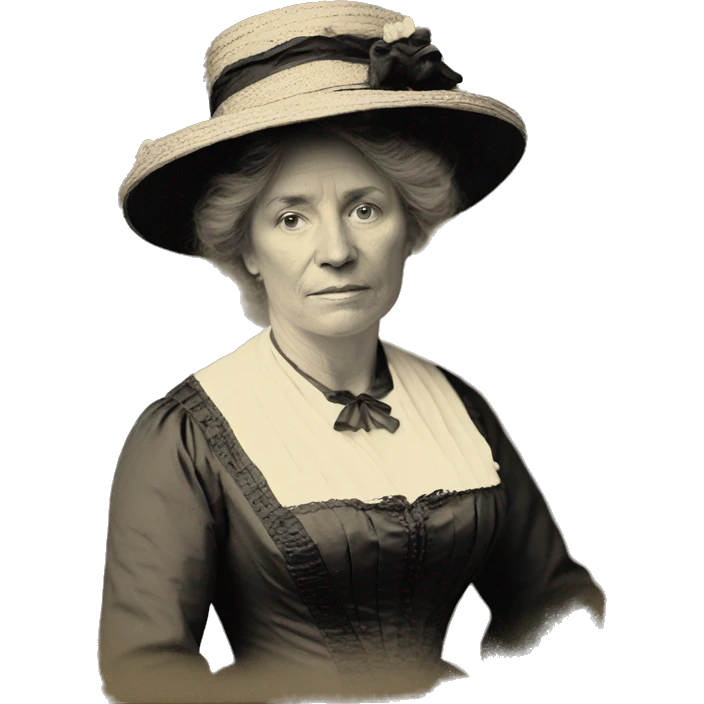 black and white photo of middle-aged women in 19th century. wearing dress. Long, blond hair. full body in picture. wearing hat. emoji