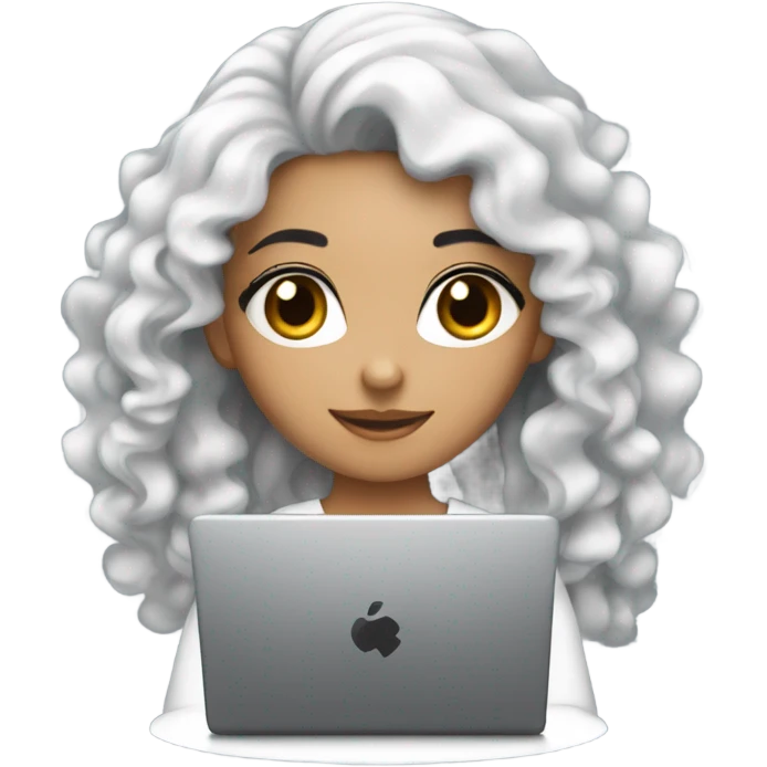 Beautiful girl,Black hair,curly hair ,mid hair,Black eyes, arab, typing on apple laptop  emoji