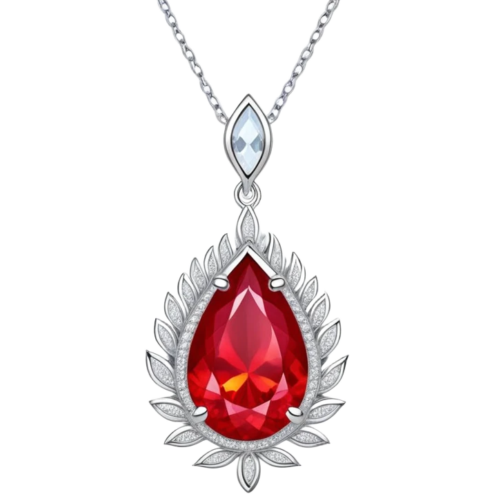teardrop ruby pendant with fiery light, tiny phoenix feather emerging, haloed by shimmering white stones, silver chain like liquid moonlight emoji