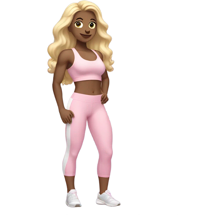 White woman, white skin, long hair, blonde hair, wavy hair, baby pink sports bra, baby pink leggings, flexing one arm emoji