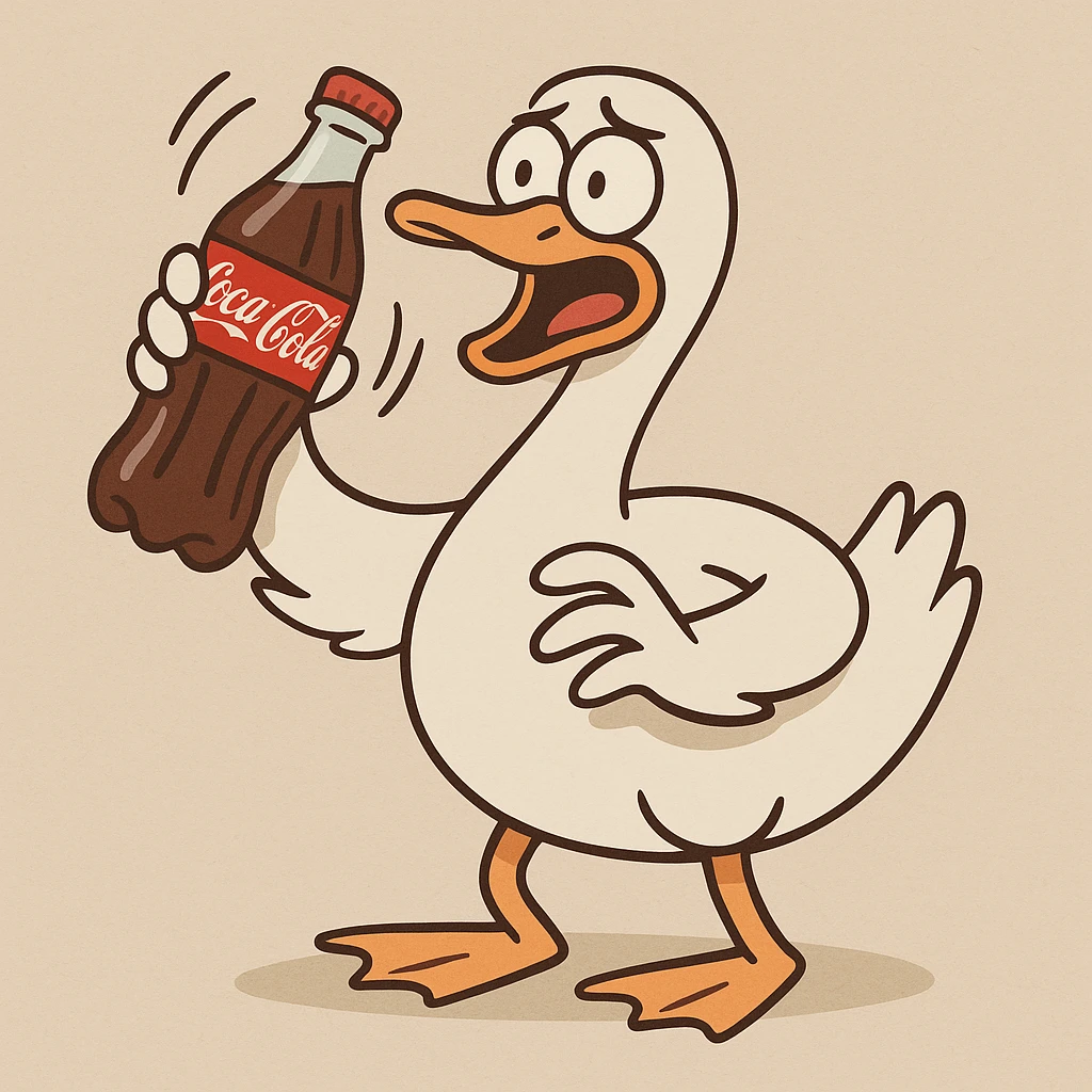 a goose shaking a Coca Cola bottle, cartoon style emoji