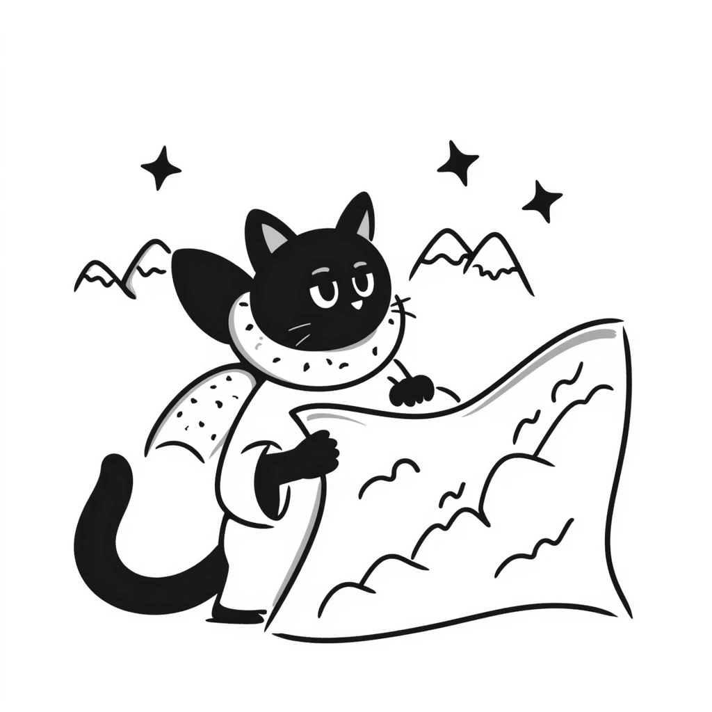 Adventurous cat explorer studying a map, mountains and stars in background, light clothing and cloak flowing in the wind, looking thoughtfully into the distance emoji