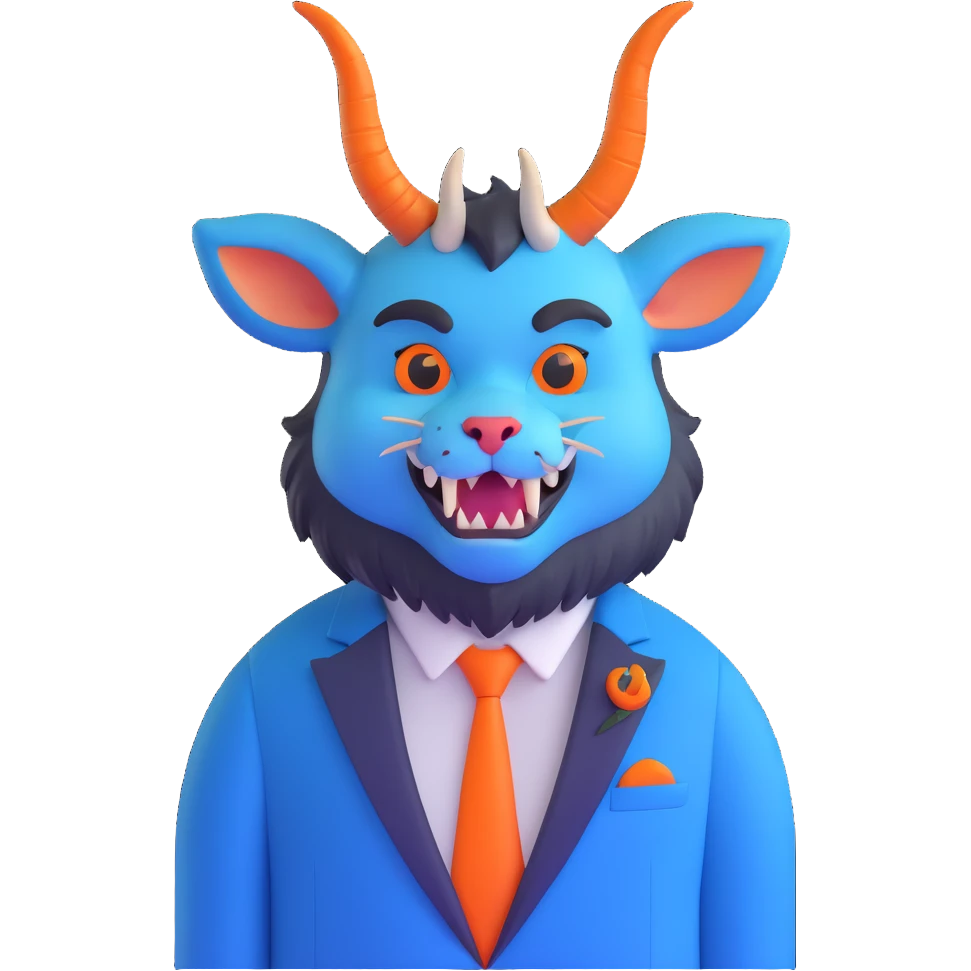 Beast from Beauty and the Beast, furry creature with horns and fangs wearing a blue formal jacket emoji