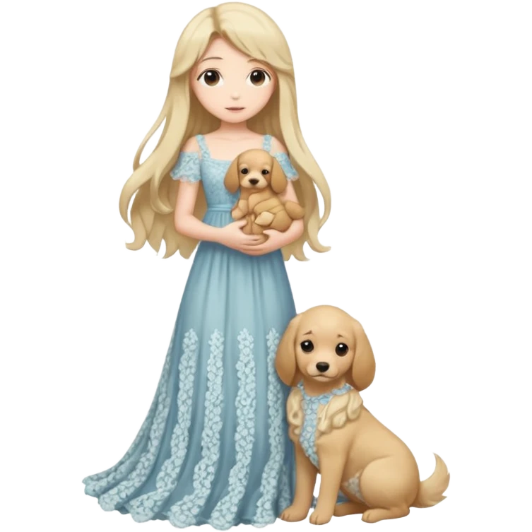Pastel anime lady long hair with long lace dress full body holding puppy emoji