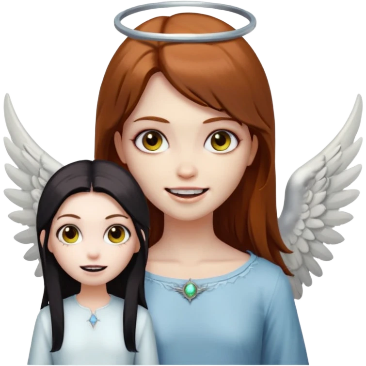 девушка ангел с нимбом и крыльями, с рыжими прямыми волосами по плечи, с улыбкой, стоит рядом с девушка зомби с темными длинными прямыми золосами, со злым выражением лица и ровными белыми зубами в стиле Apple avatar emoji