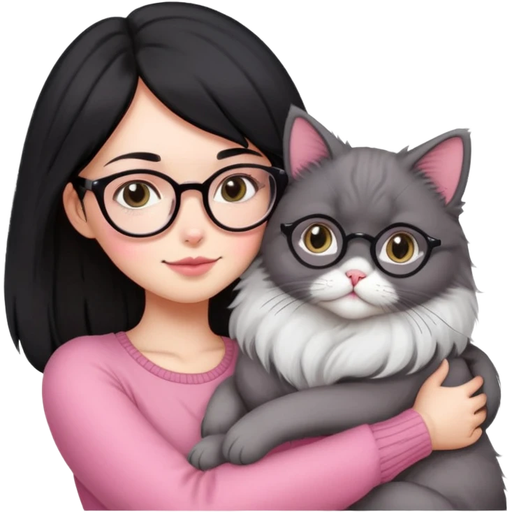 Beautiful skinny woman medium black hair with oval glasses in pink outfit hug persian-angora grey cat emoji