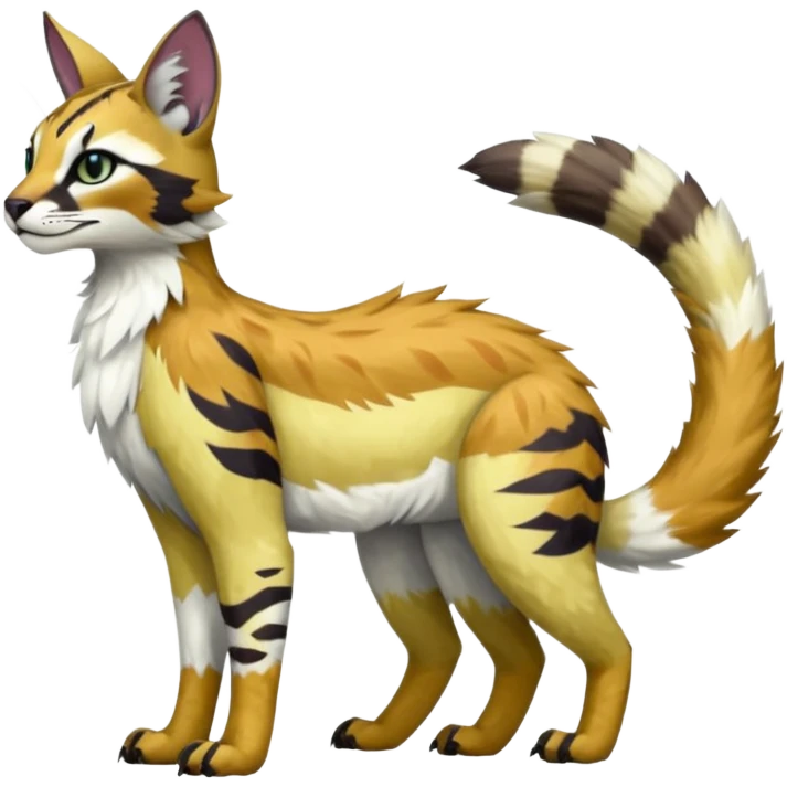 Colorful tropical tribal pale light fruity pastel white glorious iridescent divine exotic cute albino neon vibrant zigzagged cool beautiful fantasy-caracal-civet-genet-sergal-vernid-Gryphon-Cacomistle-Trico-oncilla-animal-Fakémon-hybrid-fursona (full body), facial markings,  emoji