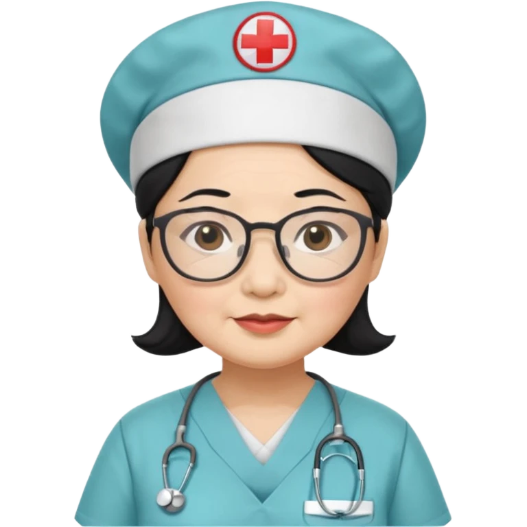 OLD ASIAN WOMAN WITH GLASSES, NURSE SCRUBS, CAP, BLACK HAIR, CHUBBY emoji