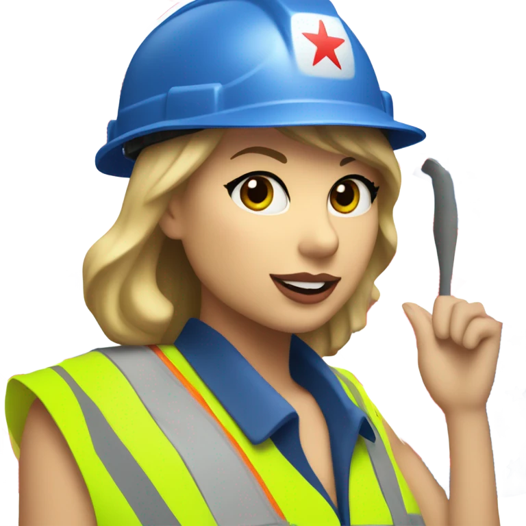 Taylor Swift is a construction worker wearing a patriotic dress with a neon yellow safety vest over the dress. she also has a hard hat and a patriotic patch on the vest emoji