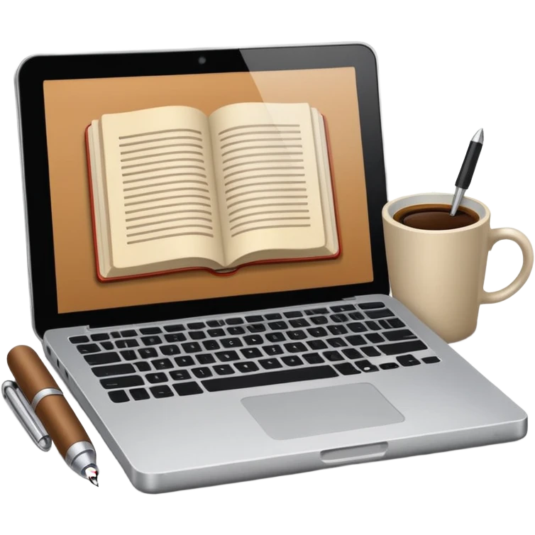 Mac laptop With coffe, pen and book emoji