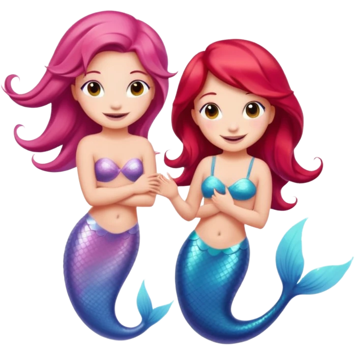 Cute iOS-style emoji of a pastel pink dolphin and a red-haired mermaid, smiling at each other. 
Simple vector emoji design, bold outlines, soft gradients, glossy look, centered, white background. emoji