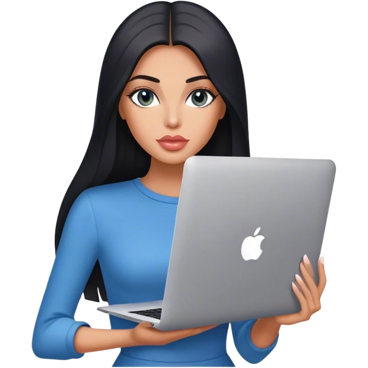 Glamours, tanned, very beautiful girl, with big pump peach-beige-rose lips, black straight smooth silky long hair, straight parting, blue-grey eyes, holding MacBook emoji
