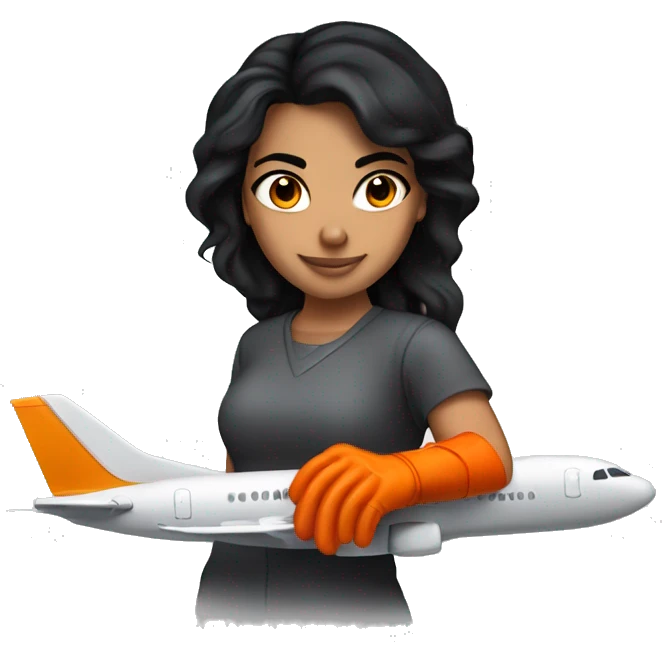 Hispanic girl with black hair & orange gloves working on airplane blade emoji