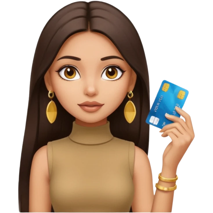 a pretty bratz fair indian girl wearing a beige sleeveless turtleneck, golden earrings, straight ling hair, holding bank cards, dark brown hair emoji