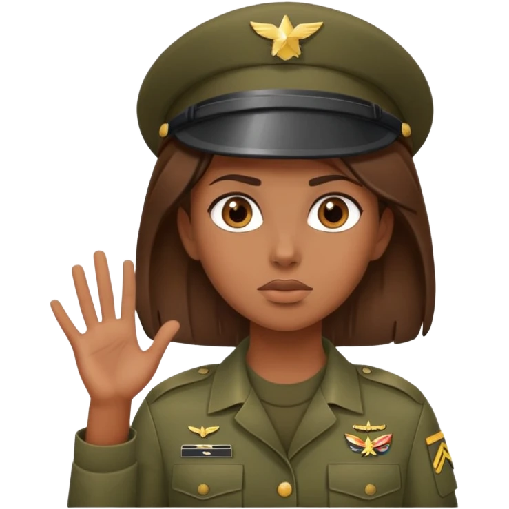 brown-skinned girl in army attire with brown hair, shrugging emoji