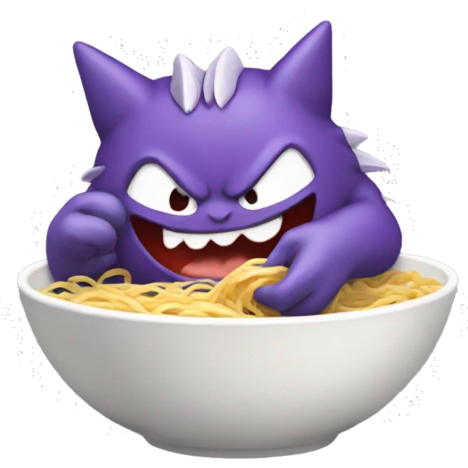 iOS emoji art style, Pokémon character Gengar, eating ramen noodles. emoji