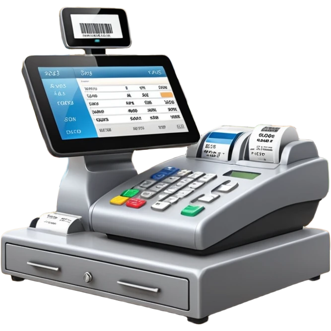 Modern shop cash register on a retail counter, ultra-realistic, 4K, photorealistic POS touchscreen, receipt printing, barcode scanner and card terminal, soft indoor lighting, realistic reflections and shadows, sharp focus, cinematic depth of field, professional photography. emoji