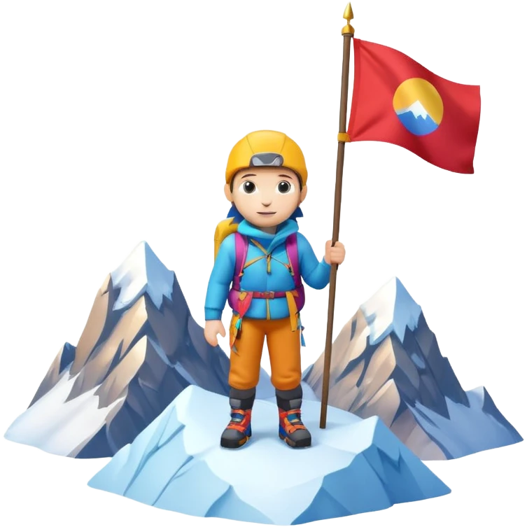 A 3D cartoon mountaineer standing on a snowy Everest-like summit with a flag, wearing colorful climbing gear, soft lighting, Memoji-style. emoji