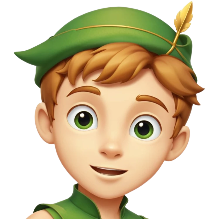 cinematic-realistic-peter-pan-portrait, head tilted dramatically with an exaggeratedly amused expression and sparkling eyes brimming with playful mischief, his iconic outfit rendered in vivid detail with dynamic shadows, soaring through the air.  emoji