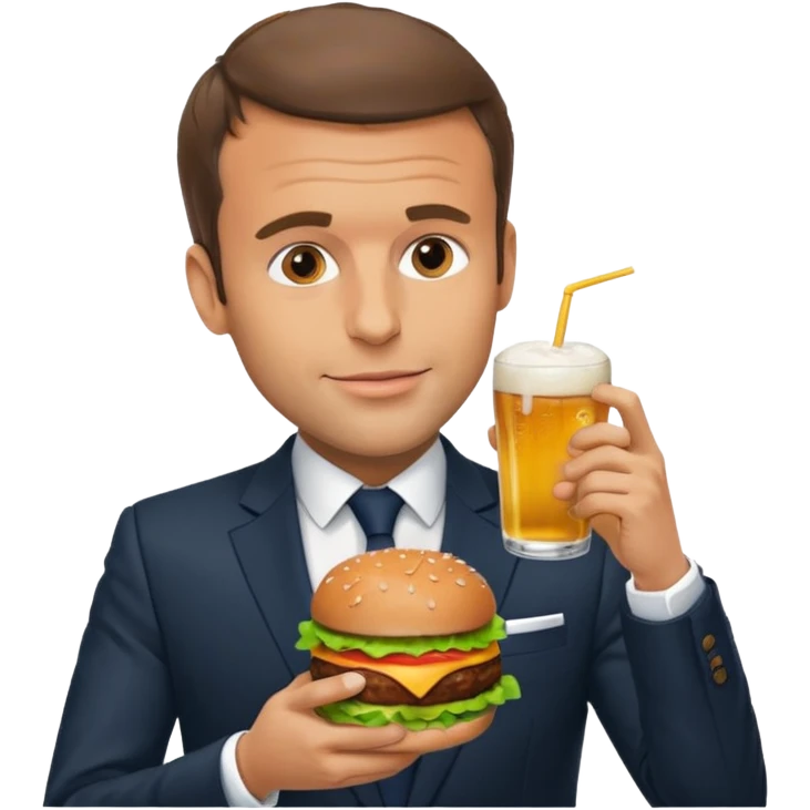 Emmanuel Macron eating a burger with a beer emoji