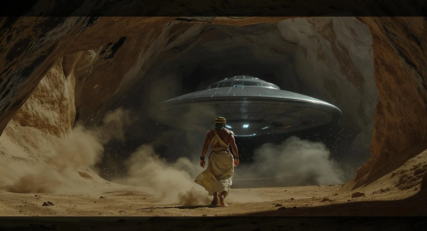 cinematic still, documentary photography, acient egypt, back shot of a man dress in ancient clothes in cave (frame in frame effect) on ground laying front of ufo starship, sand flying around, dynamic scane, leading lines, captured by arri alexa emoji