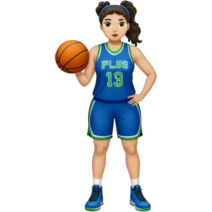 full body plus size light skin latino women basketball player with wavy dark hair in pony tail wide nose wearing blue uniform with green accent emoji
