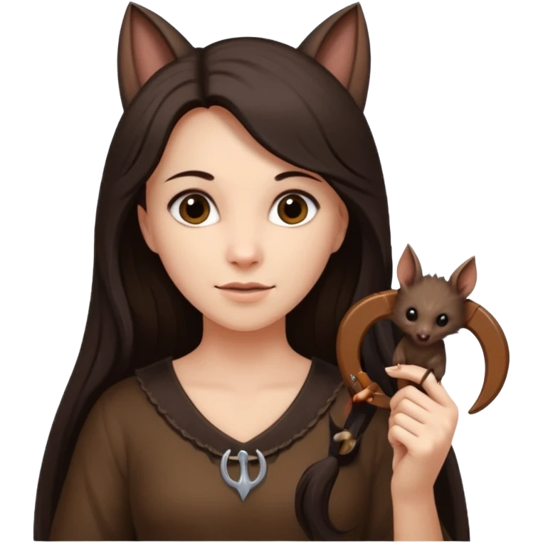 woman with long dark hair holding a horsehoe bat emoji
