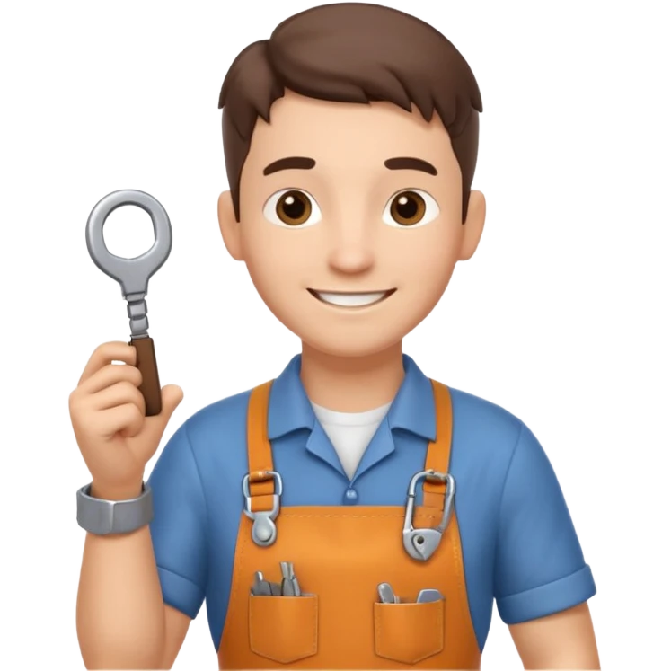 locksmith portrait, head and shoulders only, wearing work apron collar, holding a key near face, friendly confident smile, tool belt strap visible, 3D cartoon, mobile game icon style, clean background, no text, no watermark

 emoji