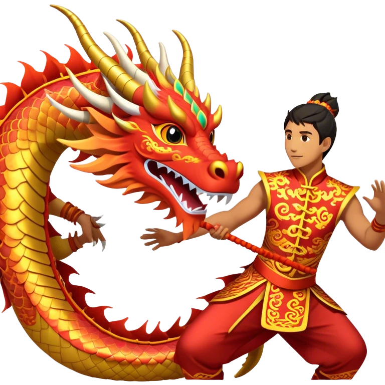 Cinematic Realistic scene of two performers guiding an elaborately designed dragon costume during a Dragon Dance, with vivid traditional patterns and dynamic motion, set under festive, red-tinged lighting emoji
