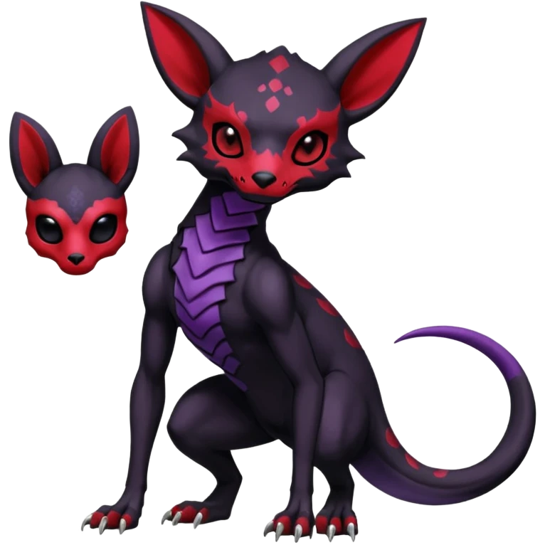 Gothic Black red purple Scaley Exotic Salandit-Umbreon-Noibat-Fakémon-hybrid-creature (full body), 4 legs, white skull face mask emoji