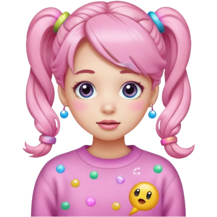 “Emoji girl, pastel pink blush, sparkly wide eyes, glossy bubblegum lips, hair in cute pigtails with colorful clips, wearing oversized pastel sweater.” emoji
