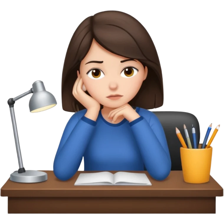 Brunette girl tired at desk emoji