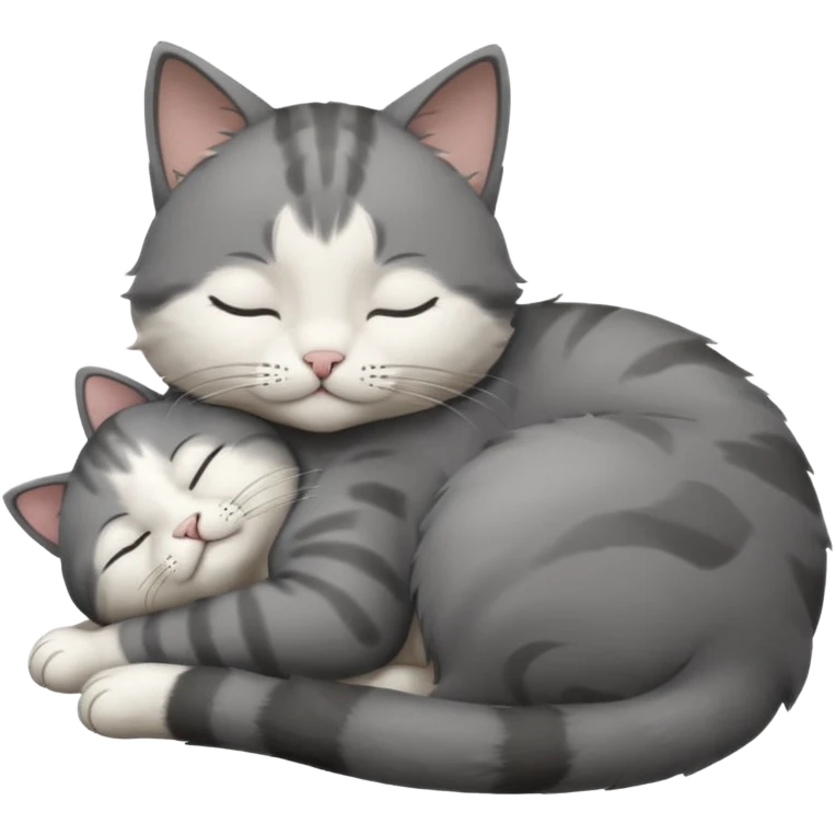 dark grey and white small cat with closed eyes, leaning his head on his paw while leaning on his elbow lying down emoji