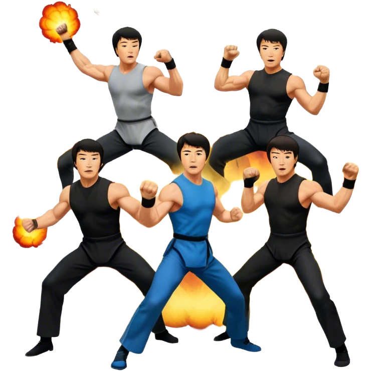 Icon for Action Movies: Collage of Arnold Schwarzenegger, Sylvester Stallone, Bruce Lee, and Jackie Chan in iconic action poses, surrounded by explosions, weapons, and martial arts moves. The design should capture the high-energy, dynamic nature of their films. Transparent background. emoji