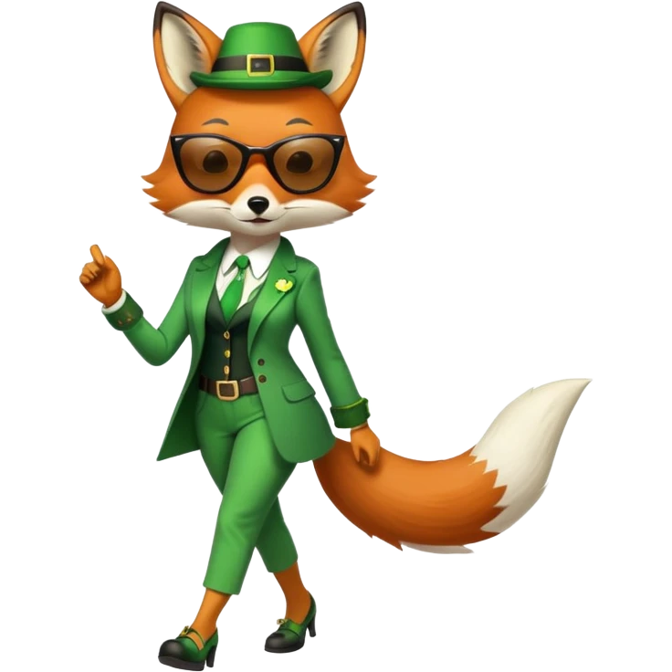 serious anthropomorphised female fox in stylish St. Patrick's Day outfit with sunglasses, walking with confidence, full-body view emoji