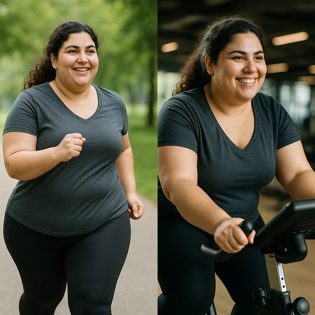 woman with PCOS doing physical activity (brisk walking or exercise bike), wearing sportswear, motivated expression, wellness atmosphere, realistic details, gym or park background emoji