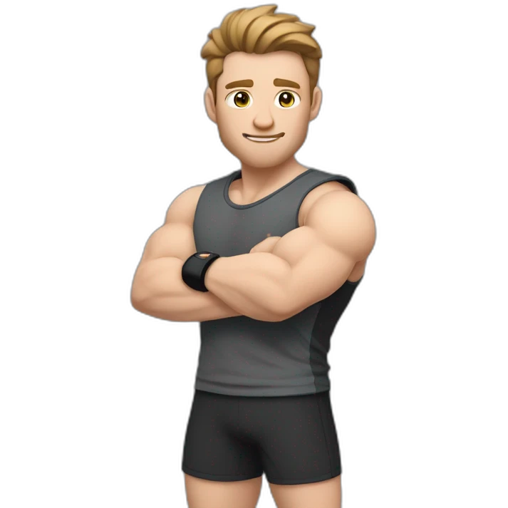Close up Actively gesturing  with hands Pale skinned Fit Man With the biceps and brown hair in dark gray Sleeveless Mike, black oversize sports shorts, watch and white Sneakers emoji