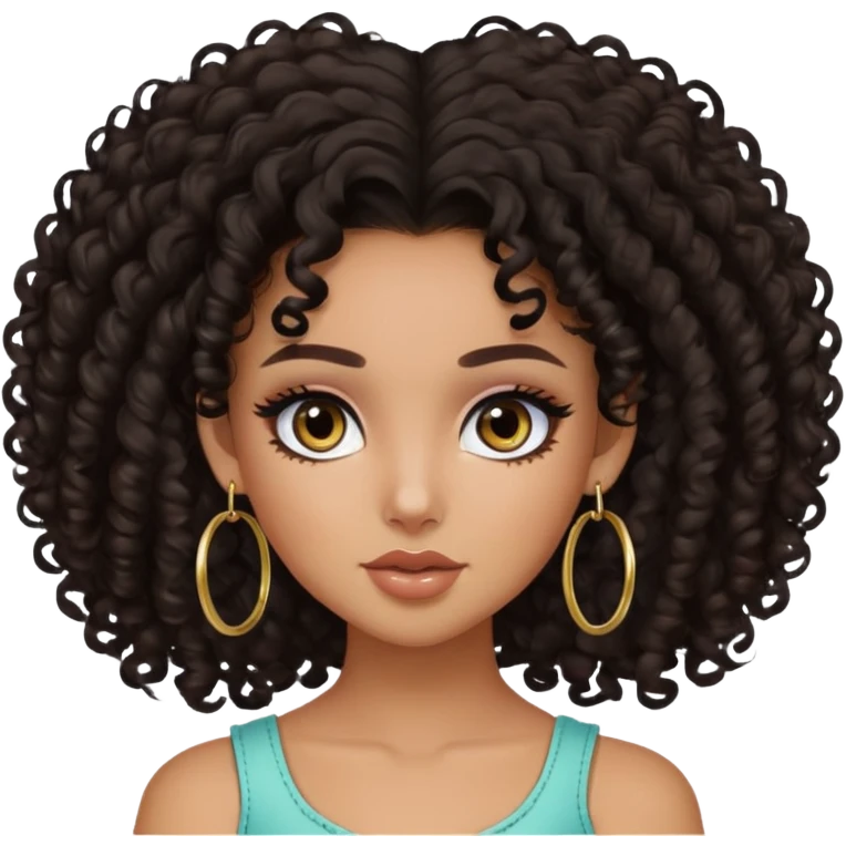 Dark curly hair, dark brown eyes, tan-olive skin girl baddie bratz hoop earrings emoji