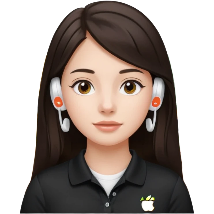 Girl with long dark brown hair with airpods wearing a black wegmans grocery store polo emoji