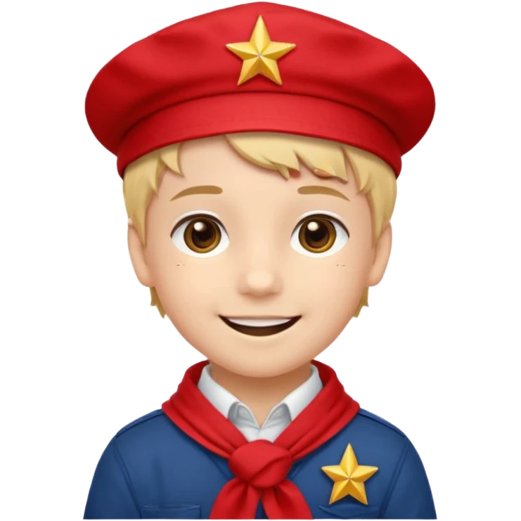 A Soviet pioneer emoji — smiling young boy wearing a bright red tie (pioneer neckerchief) and a red pilotka cap with a small gold star badge. White shirt, neat and cheerful, minimal flat emoji style, simple colors, clear outlines, professional emoji design. emoji