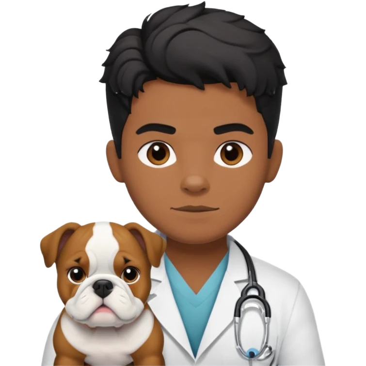 joven médico con el pelo un poco largo pero no tanto y lacio, que tenga un estetoscopio de color de piel tez negra calida !!! que sostiene un bulldog francés blanco emoji