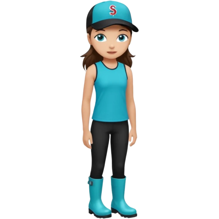 A landscaper in a beautiful turquoise longsleve and turquoise rubber boots, black pants, and a black sleeveless shirt. On her head is a black color Swissotel baseball cap. The girl is a brunette with blue eyes. emoji