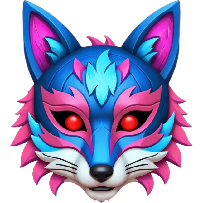 Ancient wooden mask, broken in half, luminous and neon with red, blue, and pink fox-like glow. Fragments of the mask scattered around. emoji