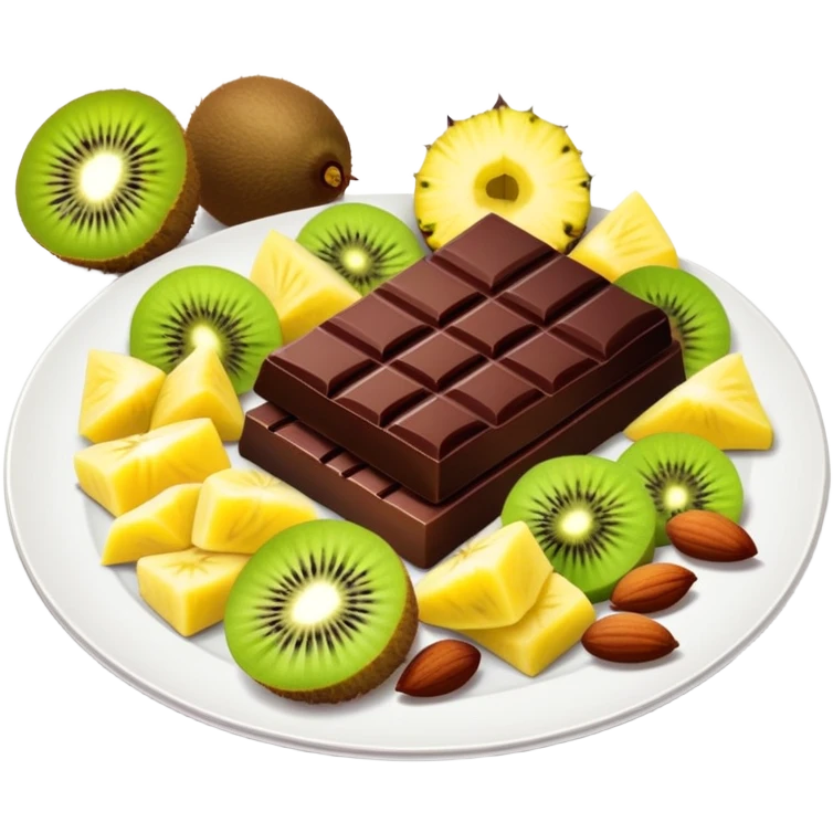 Evening snack plate with dark chocolate squares, mixed nuts, kiwi slice and pineapple chunks emoji