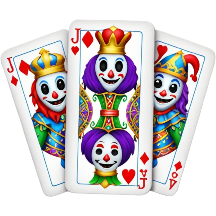 bunch of 3 poker cards, with crazy colorful jolly jokers inside emoji
