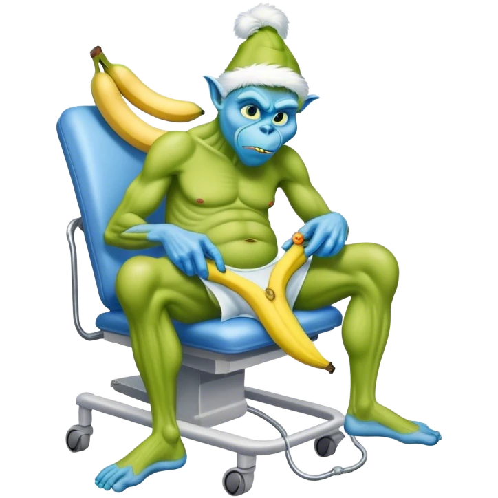 Blue grinch getting knee surgery holding banana emoji